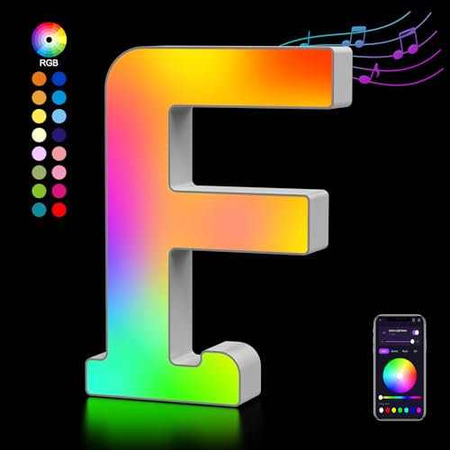 LED Buchstaben Lichter Alphabet, Led Leuchtbuchstabe Farblich Veränderbar mit USB-Netzteil, APP-Kontrolle, Dimmbar, Dekoration für Geburtstag Weihnachten Hochzeit Party Valentinstag - Buchstaben F