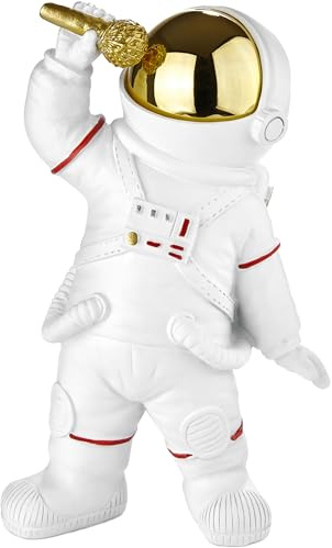 BRUBAKER Dekofigur Astronaut Sänger - 20 cm Spaceman Weltraum Figur mit Mikrofon und verchromtem Helm - Handbemalte Moderne Raumfahrt Statue für Musiker - Weiß und Gold
