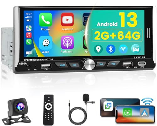 Hikity 2G 64G Android13 Radio de Coche Inalámbrica Carplay Táctil de 6,9Pulgadas Radio Pantalla 1 DIN Android con GPS para Android Auto WiFi Hi-Fi Bluetooth 2USB Tipo C FM RDS SWC Cámara Trasera