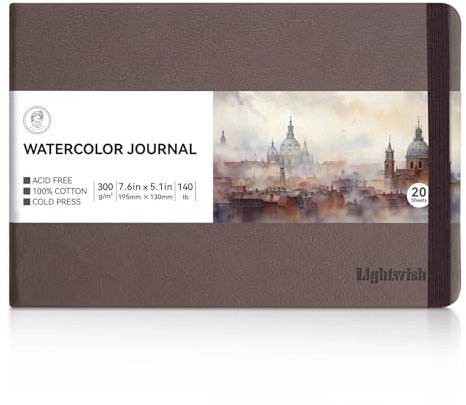 Lightwish Aquarell Skizzenbuch, 100% Baumwolle Kaltgepresst 300g/m² - 20 Blätter säurefrei 13x19 cm für Aquarell, Gouache, Acryl - Künstler Skizzenbuch für Erwachsene & Studenten (Braun)