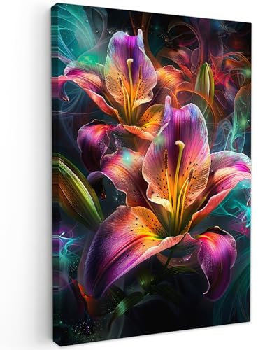 MuchoWow© Leinwandbild Groß 80x120 cm XXL Dekoration Wohnzimmer Bilder Pictures Wall Decoration Living Room Wohnungs Deko Moderne Bild Bunt - Farbenfroh - Blumen - Schwarz