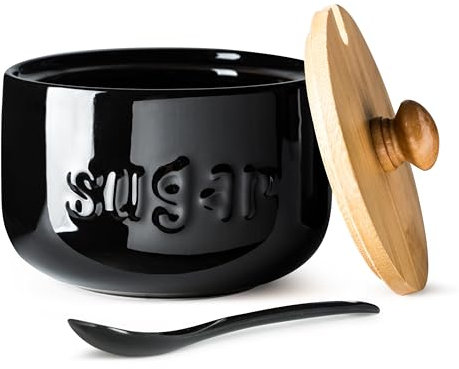 LYEOBOH Black Sugar Bowl with Lid and Spoon, 17 OZ Sugar Jar, Sugar Container for Coffee Bar, Ceramic Jar with Lid, Sugar Bowls for Countertop, Azucarera for Kitchen