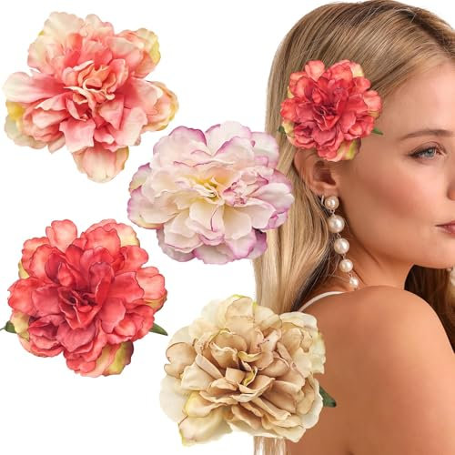 4 PACK Hawaiian Flower Hair Clips for Women, Artificial Tropical Flower Hair Pins, Large Rose Boho Hair Barrettes Hair Accessories for Girls Wedding Vacation Beach Party