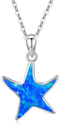 Seestern Halskette Damen, 925 Sterling Silber Seestern Opal Kette ,Tier Anhänger Opal Seestern Schmuck Muttertags Geschenke Valentinstag für Mädchen Frauen Kinder Mama Frau Freundin (Mint Blue)