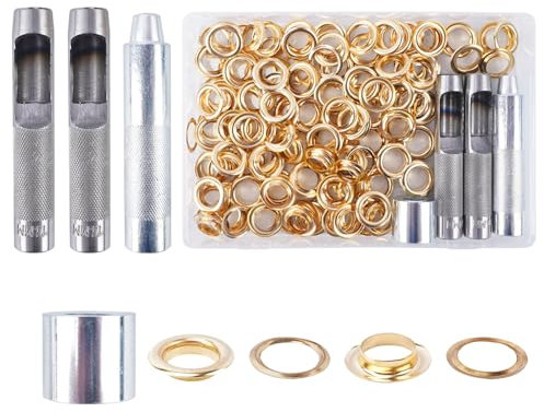 KJLEEN 14mm Gold Eyelet Punch Kit 120 Sets Grommet Tool Kit, Metal Grommets Eyelets Set Brass 14mm Grommet Eyelet Kit for Fabric Canvas Tarpaulins Awnings Curtains Leather Clothing Bag Craft (Gold)
