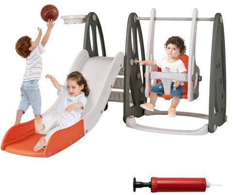 GOPLUS 4 en 1 Toboggan Interieur Exterieur Enfant Pliable avec Balançoire Bebe Hauteur Réglable 25/27,5/30 CM, Aire de Jeux Montesorri avec Panier Basket-Ball,Charge 30KG, pour Bebe 1,5 Ans