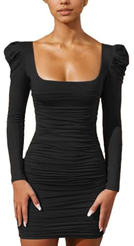 EMOTTOS Mini Abito da Donna con Pieghe Aderente, Vestito Bodycon con Maniche a Sbuffo, Abiti da Cocktail Senza Schienale con Collo a U, Abiti Corti a Matita per Feste Cocktail, Nero, M