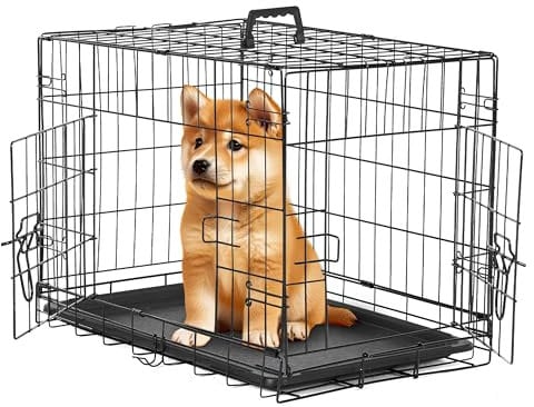 Simple Deluxe 24-Inch Small Dog Crate with Divider, Double Door Folding Metal Wire Cage with Leak-Proof Plastic Tray, Portable Pet Kennel for Indoor, Outdoor, and Travel