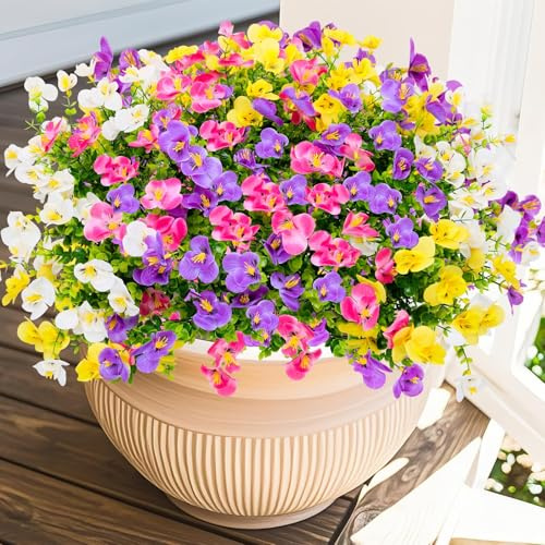 YUGYUM 12er Set Künstliche Stiefmütterchen Blumen, UV-beständige Kunstpflanzen für Balkon, Garten, Terrasse, Fensterkasten & Innenbereich Deko in Lila, Pink, Weiß und Gelb