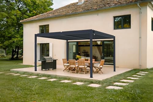 Cazeboo Pergola bioclimatique Aluminium 4x3m Piana, Gris, Pergola autoportante 3x4m, Lames orientables, L.388xP.298xH.218cm