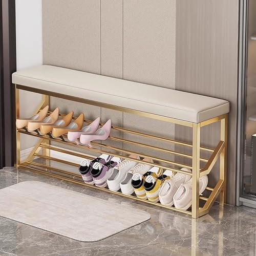 BAYTEWJX Upholstered Shoe Rack Bench Metal Shoe Storage Rack 2-Layer Shoe Changing Bench Easy to Install for Entryway Bedroom Living Room.(Off-white,100x20x48cm)