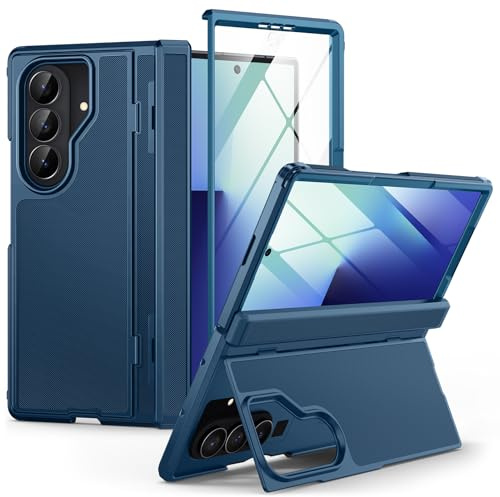 Lanhiem Cover per Samsung Galaxy Z Fold 7 con Supporto Stabile, [Pellicola in Vetro Temperato Integrata] [Protezione Cerniera] Militare Antiurto e AntiGraffio, Custodia per Galaxy Z Fold 7, Blu