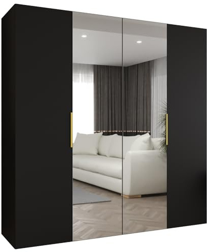 MEBLE KRYSPOL - Kleiderschrank mit Spiegel - Drehtürenschrank - Schrank 200x202x52cm - Garderobenschrank Schlafzimmer, Flur, Jugendzimmer - Farbe Schwarz, Griff Gold - Marbella 2 200