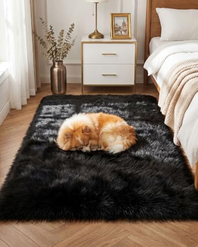 Gofodsil Teppich aus Kunstfell 90x150 cm, Schwarz-Weicher, flauschiger Teppich, maschinenwaschbarer Plüschteppich für Schlafzimmer, Wohnzimmer & Kinderzimmer-Weicher Bettvorleger & Wohnaccessoire