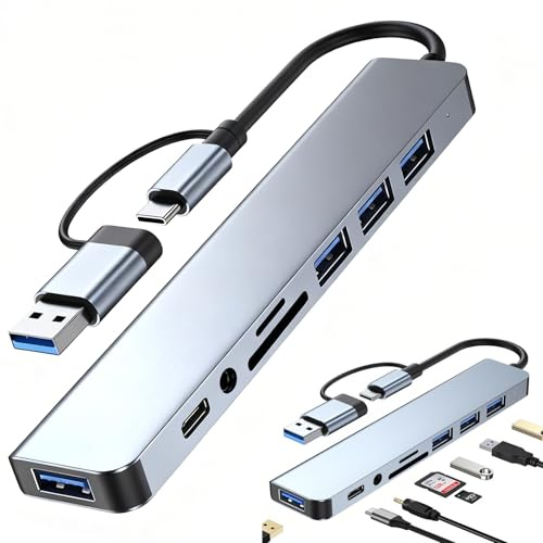 Hub USB 8en1 Docking Station Adaptador USB C con HDMI 4K con 4 Puertos USB 3,5 mm Conector Auriculares PD Lector Tarjetas SD/TF Puerto de Datos USBC para MacBook Pro/Air for DELL HP Tablet Smartphones