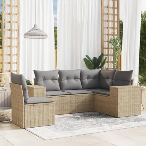 QJBSAVVA 5-TLG. Garten-Lounge-Set Beige Poly-Rattan 62x62x69 cm Eckbank und Mittelsofa mit Armlehnen, platzsparendes Balkonmöbel-Set für kleinen Garten Terrasse oder Wintergarten