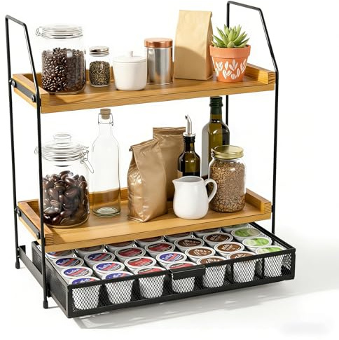 Houbobo Coffee Station Organizer, Wooden Coffee Bar Organizer with Drawer | 2 Tier Wooden Shelf for Coffee Bar Accessories for Home, Office, Kitchen Countertop
