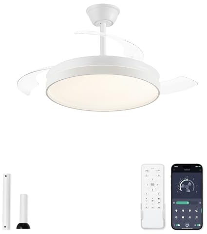 ZMISHIBO Weißer Deckenventilator mit Licht 107cm,Deckenlampe-Ventilator mit Einziehbaren Flügeln,leiser DC-Motor,3000~6000K,6 Geschwindigkeiten,Sommer- und Winterfunktion,Fernbedienung + App