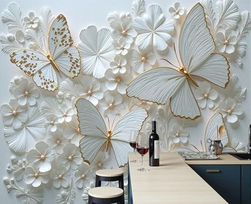 Tapete 3D Fototapete 3D- Papierskulptur 300 x 210cm Seidentapete Wandbild Fototapeten, Seiden Tapeten Wandtapete Schlafzimmer, Wohnzimmer, TV Hintergrund Wand Schmetterlinge Blumen Wanddeko