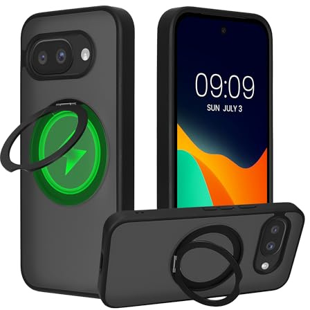 kalibri Schutzhülle mit Standringhalter kompatibel mit Google Pixel 10a Hülle - Kickstand 360° Ring Hardcase kompatibel mit MagSafe - Schwarz Matt Transparent
