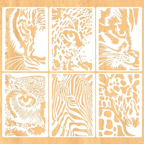 MWOOT 6 Stück Tiere Malschablonen, Tiger Leopard Giraffe Katze Zebra Eule Muster Kunststoff Schablonen Vorlagen für Wand Boden Möbel Deko, Schablonen Textilgestaltung, DIY Scrapbooking(21x15cm)