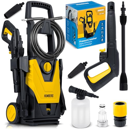 Humberg Hochdruckreiniger - 1800W Profi Auto-Waschanlage mit 230 Bar EW - Aluminiumpumpe Selbstansaugend inklusive 6m Schlauch und Turbodüse - Ideal für Garten Terrasse und PKW - Gelb Schwarz