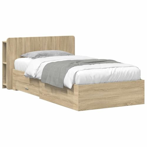 vidaXL Bettgestell mit Stauraum mit Kopfteil Sonoma-Eiche 100 x 200 cm, Moderner Bettgestell, praktischer Stauraum, schickes Schlafzimmer-Upgrade, Holz, platzsparende Lösung