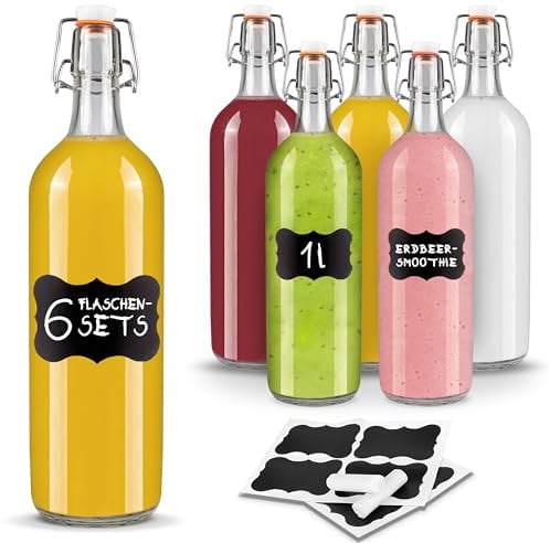 Creative Home Bouteille en Verre Hermétiques | 6 x 1 Litre | Grand Lot Transparente Clip | Idéal pour Bière Conservation Décoration Cuisine | 8 Autocollants Réutilisables et Craie Anti-Poussière
