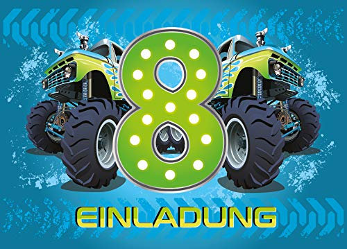 12 Einladungskarten 8. Geburtstag Kinder Junge Monstertruck blau/Monster-Truck/Auto/Einladungen achte Kindergeburtstag für Jungen