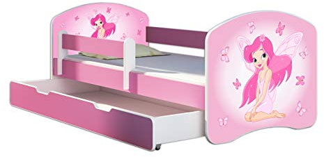 Kinderbett Jugendbett mit einer Schublade und Matratze Rausfallschutz Rosa 70 x 140 80 x 160 80 x 180 ACMA II (07 Rosa Fee, 80 x 180 cm mit Bettkasten)