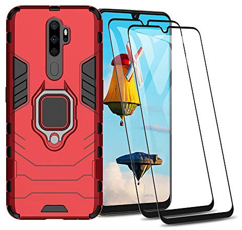 HAOYE Coque pour Oppo A9 2020 / A5 2020 avec Rotatif à 360 Degrés Bague Anneau, Etui Hybride Robuste avec Support Magnétique Car Mount, Silicone TPU + PC Housse + 2 Verre Trempé. Rouge