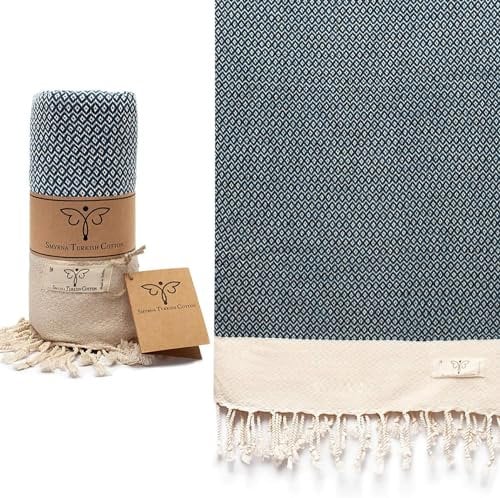Smyrna Strandtuch aus türkischer Baumwolle Vintage | 180 x 90 cm | Beste Qualität aus 100% türkischer Baumwolle | Extra großes, türkisches Badetuch | Schrumpft Nicht| Premium Luxus - Marineblau
