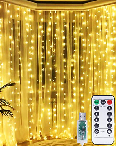 LED Lichtervorhang, 3 * 3M 300er Lichterketten Vorhang USB Fenster Lichterkette Wand mit Fernbedienung&Timer 8 Modi Wasserfall Lichterkette Innen Weihnachten Deko für Party Hochzeit Zimmer-Warmweiß