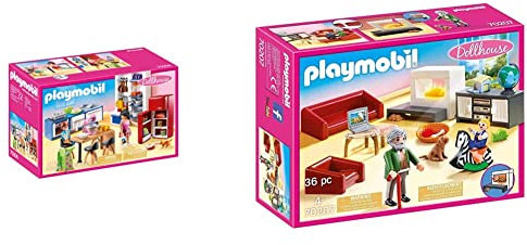 PLAYMOBIL Dollhouse 70206 Familienküche, Ab 4 Jahren & Dollhouse 70207 Gemütliches Wohnzimmer, Mit Lichteffekt, Ab 4 Jahren
