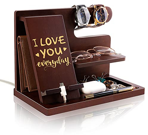 Personalized Wood Phone Docking Station for Husband Boyfriend - I Love You Everyday - Key Holder Wallet Stand Watch Organizer Men Gift Anniversary Birthday Christmas Nightstand Male Travel Gadgets