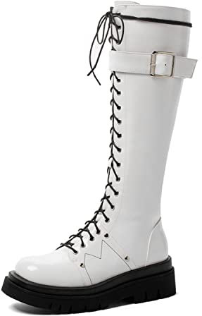 QZPM Stivale Donna al Ginocchio Stringati Stivaletti Alti Militare Biker Anfibi A metà Polpaccio Stivali con Fibbia,Bianca,41 EU