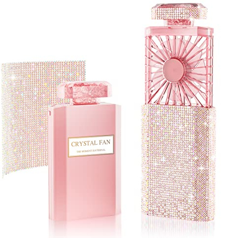 Bling Ventilatore portatile, ricaricabile, con 3 velocità, potente ventilatore portatile estraibile, con cristalli, per ragazze, donne, ufficio, scuola, lavoro, piccolo ventilatore – strass rosa