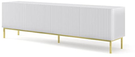 BIM Furniture TV-Schrank Ravenna B 200 cm 4D mit gefräster Front Hochwertiges MDF Lowboard Schrank TV Tisch Sideboard Kommode Hi-Fi Tisch Fernsehtisch Skandinavische (Weiß Matt)