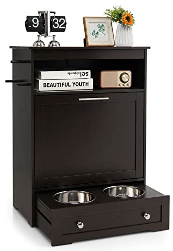 PETSITE Large Pet Feeder Station, Dog Food Storage Cabinet with Stainless Steel Double Pull Out Raised Dog Bowls for Feeding & Watering Supplies, Pet Toy Storage Organizer, Brown