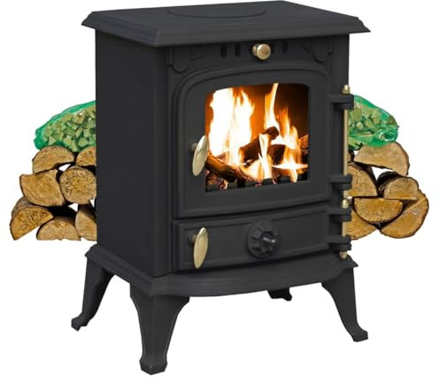 RoyalFire 4.5kW Cast Iron DEFRA Approved Multifuel Stove with Firewood Starter Kit - Wood & Charcoal Burning Heater Home Heating Set, High Heat Output, Traditional Freestanding Fireplace Heating