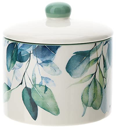 Hervit Biscottiera con Coperchio Ermetico Botanic in Porcellana con Scatola Regalo - Contenitore Alimenti Barattolo con Coperchio Porta Biscotti - Arredo Casa Cucina - 2 Dimensioni - Ø15x16cm