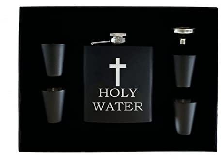 Funny Holy Water Stainless Steel Hip Flask Premium Boxed Gift Set Matte Black Makes a Great Gift For Him Dad Father Gag Joke Gift