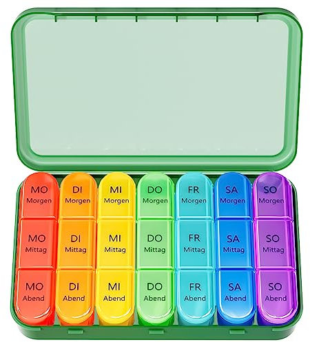 Zoksi Tablettenbox 7 Tage 3 Fächer, Tablettenbox 7 Tage Morgens Mittags Abends, Deutsch Pillendose 7 Tage für Eine Woche Pillendose, 21 Fächer Medikamentenbox (Olivgrün Gehäuse)