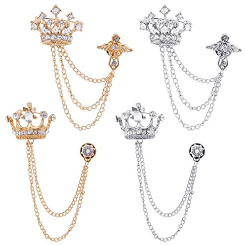 WEBEEDY 4 Stück Quaste Kette Anstecknadel Brosche Für Männer Herren Brosche Krone Hängekette Metall Kristall Anzug Anstecknadeln Anzug Krawatte Anstecknadel Kragenkette Kragen Zubehör