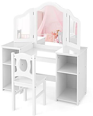 Maxmass Kids Vanity Table and Chair, 2 in 1 Girls Dressing Table Set with Removable Mirror, Princess Makeup Tables for 3+ Years Old (With White Chair, Chair: 30 x 30 x 66 cm)
