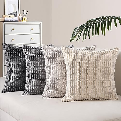 Topfinel Grey Beige Cushion Covers 40 x 40 CM Living Room Cushions with Covers Soft Corduroy Cushion Cover 16X16 inch Fluffy Throw Pillowcases for Bed Square Scatter Cushions Set of 4