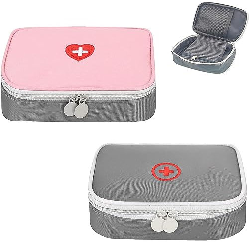 2 Stück Medikament Tasche, Pillen Box Organizer, Tragbare Mini Erste-Hilfe Sets, Medikamententasche Unterwegs Klein, für Outdoor Sports Home Camping Wandern (Rosa und Grau)