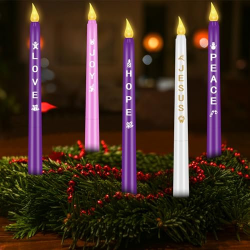 RGQSUN LEDs Flameless Advent Candles Sets of 5 Christmas Advent Candles Battery Operated Flickering Flameless Taper Candle for Christmas Wreath Advent Decor(Battery is not Included)