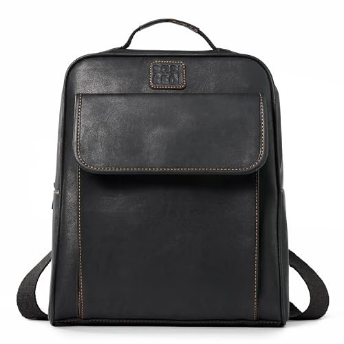 Sasi Kedi Midnight Black Vegan Leather Laptop Backpack – 14 Inch Convertible Crossbody Work Bag for Women & Men, Lightweight Stylish City Rucksack