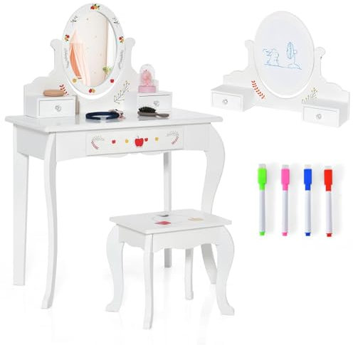 COSTWAY 2 in 1 Kinder Schminktisch mit Hocker, Frisiertisch mit 360° drehbarem & abnehmbarem Spiegel, Whiteboard, 3 Schubladen, 4 Markern, Prinzessin Kosmetiktisch für Kinder von 3-7 Jahren (Weiß)